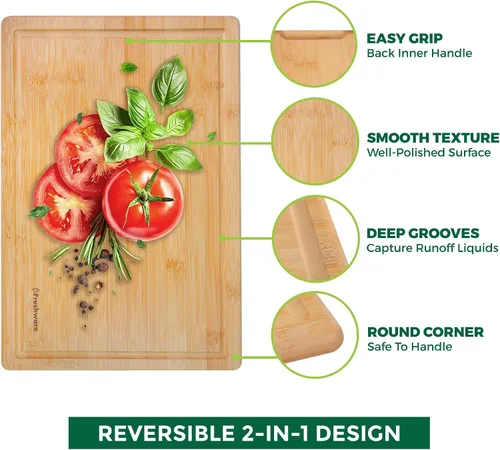 Vista 6 de Freshware - Tabla de cortar de bambú para cocina, ranura para jugos [extragrande]. Tabla para cortar carne, verduras, frutas, queso, bandeja