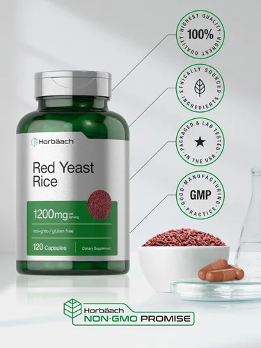 Vista 6 de Horbäach Arroz de levadura roja 1200 mg 120 cápsulas Suplemento sin OMG, sin gluten