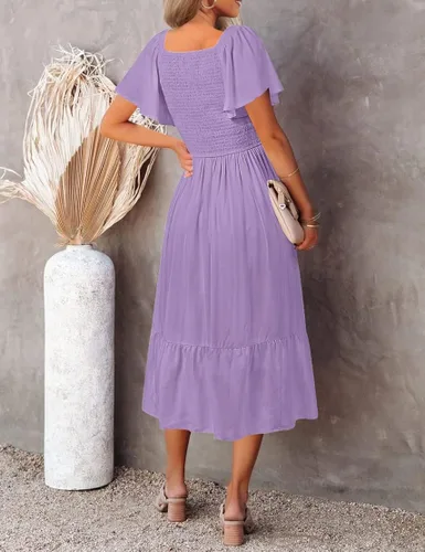 Vista 4 de MEROKEETY Vestido midi casual de verano 2023 con cuello en V y mangas fruncidas y cintura alta con bolsillos