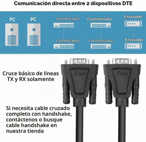 Vista 5 de DTech DB9 RS232 Cable serie macho a hembra, cable de módem nulo, línea cruzada TX/RX para comunicación de datos (6 pies, negro)