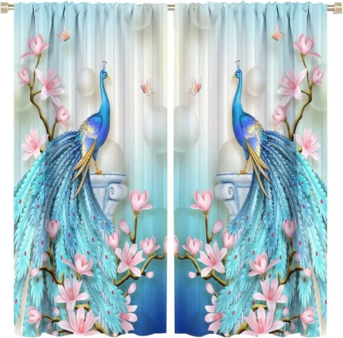 Vista 23 de Cortinas opacas de pavo real, hermoso patrón de estampado de flores de pavo real azul, estampado de mariposas y pavo real, juego de 2 paneles