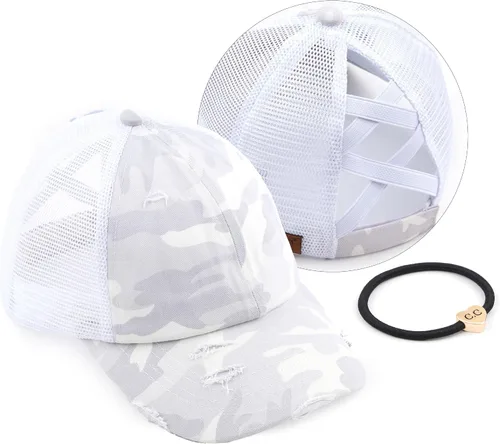 Vista 61 de C.C Gorra de béisbol de malla con diseño de estrella brillante, gorra de camionero ajustable para moño o cola de caballo Una banda elástica-negro