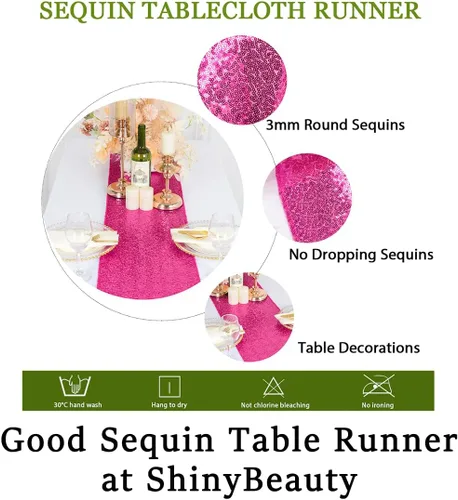 Vista 6 de ShinyBeauty Camino de mesa de lentejuelas rosa intenso, 12 x 72 pulgadas, elegante camino de mesa para eventos de boda personalizado