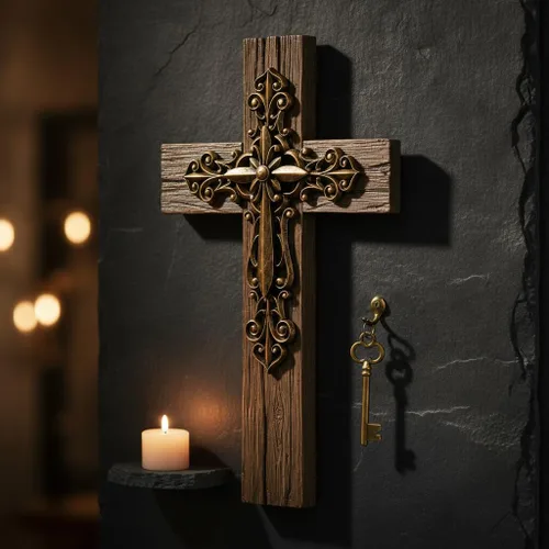 Vista 5 de Comfy Hour - Decoración de pared cruzada de 13 pulgadas, cruz de pared en capas, tono cobre Wall crosses for home decor, large decorative cross