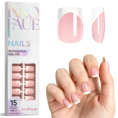 Vista 23 de Krofaue Uñas postizas con punta francesa: uñas cuadradas cortas a presión Puntas de uñas cuadradas francesas mate