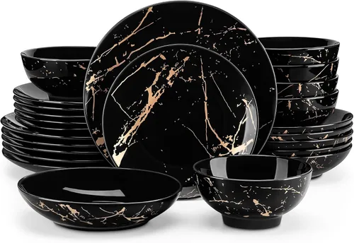 Vista 17 de Juegos de platos y tazones LOVECASA para 4, juegos de vajilla de porcelana de 12 piezas, juego de vajilla negro y dorado, juego de vajilla