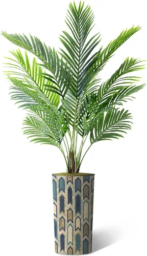 Vista 2 de Árbol artificial en macetero moderno con patrón poligonal, palmera tropical areca artificial de seda para decoración del hogar en interiores
