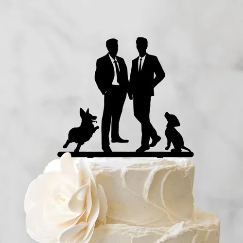 Vista 3 de Decoración rústica para tartas de boda del mismo sexo, silueta de novios, decoración para tartas de boda con Rottweiler y Basset Hound Novio y Novio