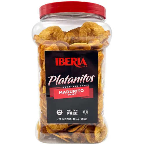 Vista 2 de Iberia Tarro de papas fritas de plátano salado de 20 onzas y frasco de plátano naturalmente dulce de 20 onzas