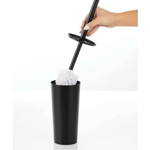 Vista 7 de mDesign Escobilla y soporte para inodoro de metal independiente delgado + papelera de pedal de 5 litros / 1.3 galones de diseño estrecho rectangular