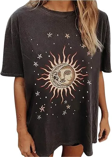 Vista 2 de Remidoo - Camiseta informal de gran tamaño para mujer, de manga corta, con estampado de letras, sol y luna