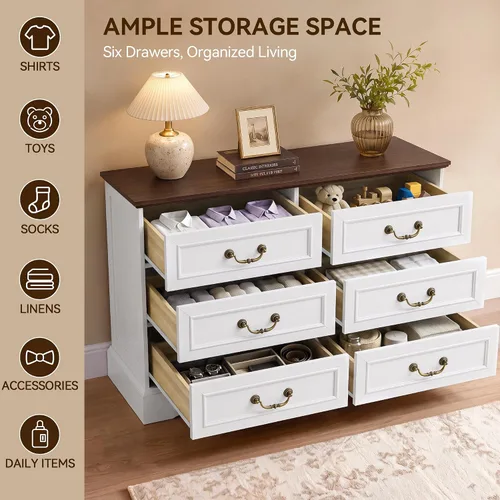 Vista 3 de YESHOMY Cómoda de granja con 6 cajones para dormitorio, cómoda de 47 Blanco y marrón