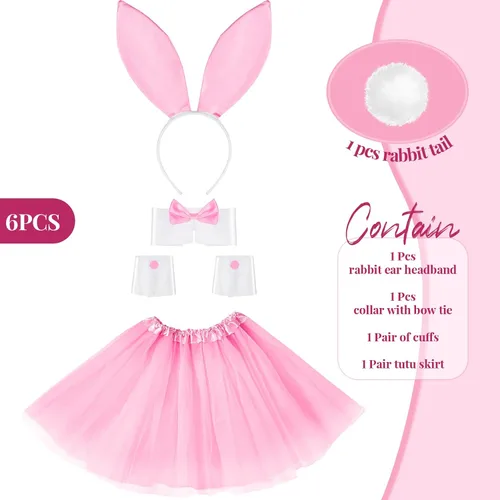 Vista 2 de SATINIOR Conjunto de accesorios para disfraz de conejo para mujer, diadema con orejas de conejo, puños, corbatín para cuello, cola de conejo