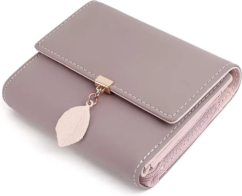 Vista 129 de UTO - Cartera pequeña RFID de piel sintética con dije de hoja, cierre de cremallera y tarjetero.