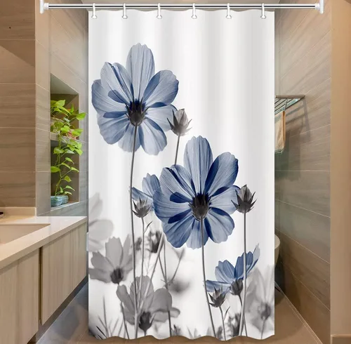 Vista 2 de MERCHR Cortina única floral azul para decoración de baño, cortina de ducha estilo granja con flores de margarita azul y gris elegantes y diseño