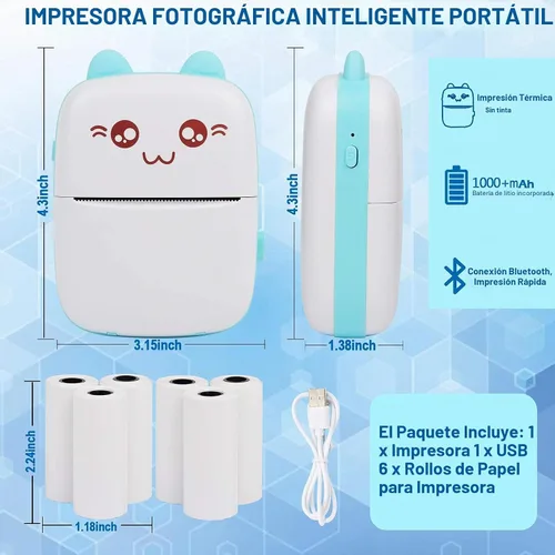 Vista 9 de Impresora portátil, mini impresora térmica inalámbrica Bluetooth de bolsillo con 6 rollos de papel de impresión para teléfono inteligente Android
