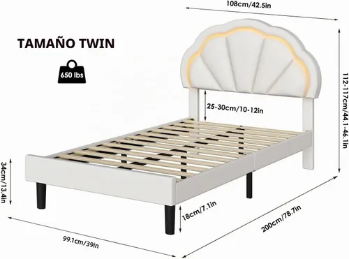 Vista 2 de Base de cama LED tapizada individual para niñas con cabecero de pétalos ajustable, color beige