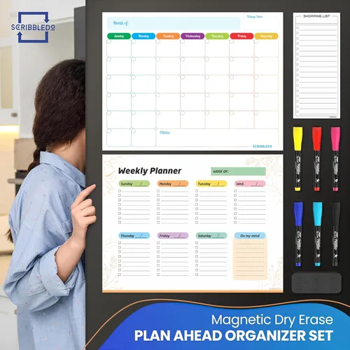 Vista 6 de Agenda mensual (paquete de 3) pizarra blanca magnética para refrigerador, calendario semanal de borrado en seco, calendario magnético