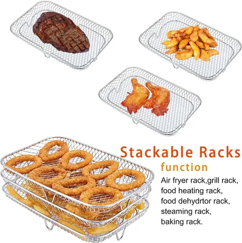 Vista 4 de Accesorios para freidora de aire de 3 capas, estantes apilables de acero inoxidable 304, bandeja para freidora de aire, accesorios para freidora