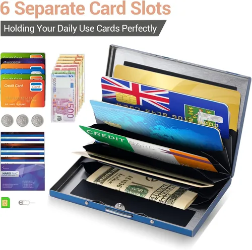 Vista 109 de BONSYL® Soporte para tarjetas de crédito, cartera delgada de metal con bloqueo RFID, con 6 ranuras para tarjetas, para mujeres y hombres.