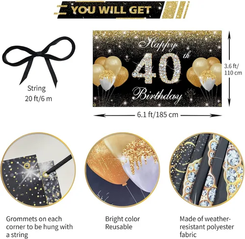 Vista 2 de Decoraciones de feliz cumpleaños 40 para hombres y mujeres, pancarta de fondo de cumpleaños número 40 negro y dorado, cartel de patio, accesorios