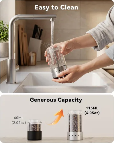 Vista 6 de TOMEEM Juego de molinillo eléctrico recargable de sal y pimienta, molinillo de pimienta automático de acero inoxidable de gran capacidad de 3.9 fl