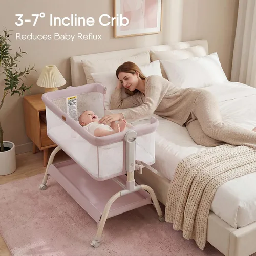 Vista 2 de BabyBond Cuna de mesita de noche, cuna estable y segura para recién nacidos, rosa