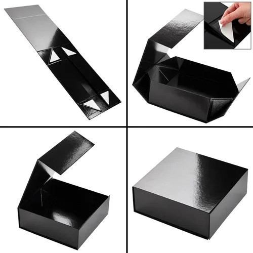 Vista 5 de Stockroom Plus Cajas de regalo con tapas, 9.5 x 9.5 x 3.5 pulgadas, paquete de 6 unidades, color negro brillante, cierre magnético y fundas