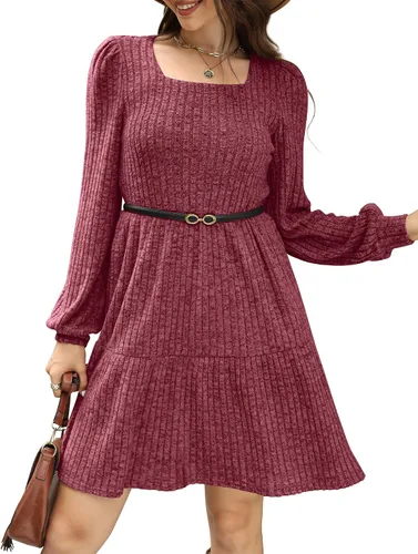 Vista 3 de SAMPEEL Vestido de otoño de manga larga con cuello cuadrado para mujer, vestido casual tipo babydoll