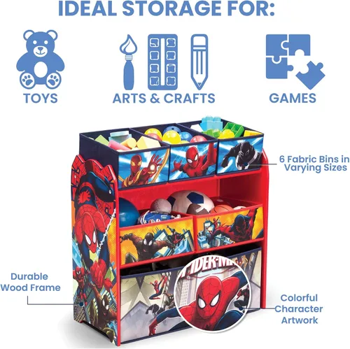 Vista 7 de Estantería para libros y juguetes Delta Children, en color gris/azul y organizador de juguetes Spider Man con contenedores de madera de ingeniería