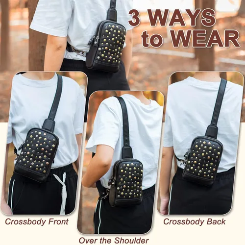 Vista 2 de CENUNCO Bolso bandolera de cuero genuino para mujer, bolso cruzado de cuero pequeño para teléfono, estilo remache, estilo remache, bolso negro