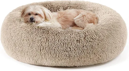 Vista 4 de Cama calmante para perros y gatos, cama antiansiedad, de felpa, con forma de dona, redonda, acolchada, de piel sintética, suave y esponjosa