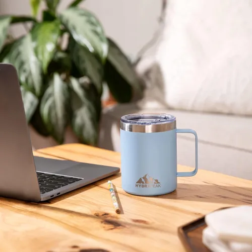 Vista 5 de Hydrapeak - Taza de viaje con doble aislamiento al vacío, de acero inoxidable, con asa integrada y tapa a presión (354.88 ml), Taza de café, Negro