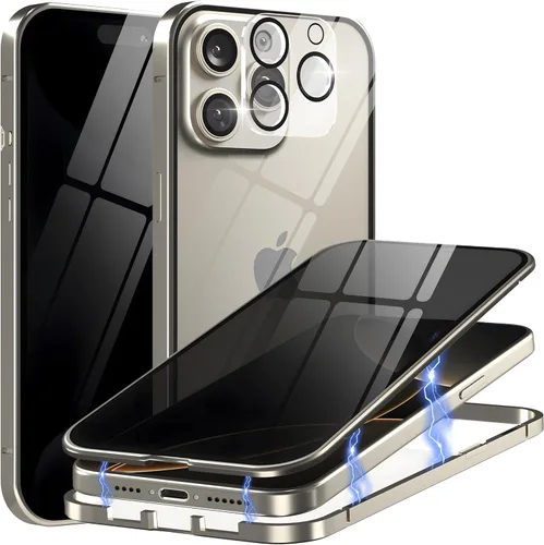 Vista 18 de Funda de privacidad de metal de titanio para iPhone 16, protector de pantalla de privacidad integrado y protector de lente de cámara, adsorción