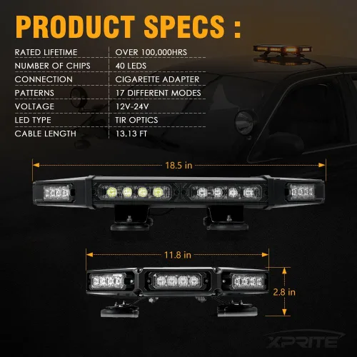 Vista 7 de Xprite - Barra de luz estroboscópica LED de 18" ámbar para techo, luces estroboscópicas de montaje magnético para camiones, baliza de advertencia