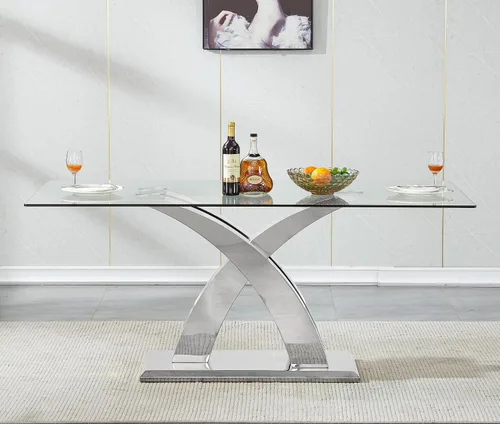 Vista 9 de Mesa de comedor de vidrio de 70 pulgadas para 4-8 personas, parte superior de vidrio templado y base de acero inoxidable en U dorada, escritorio