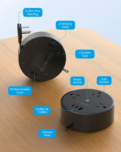 Vista 7 de TROND - Regleta de alimentación con cable de extensión retráctil - Regleta de alimentación de viaje con 3 tomas de CA, 3 puertos USB (2 USB C)