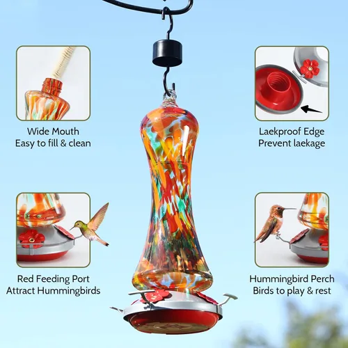 Vista 3 de Comedero de vidrio para colibríes para exteriores: regalo de colibríes naranjas para colgar en ventana para mujeres, foso de hormigas incluido, base