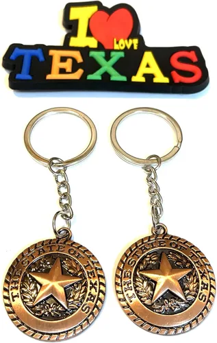 Vista 3 de Juego de 2 llaveros de recuerdo de Texas con imán para nevera con texto en inglés "I Love Texas", Diseño de horizonte de Dallas, Mediana