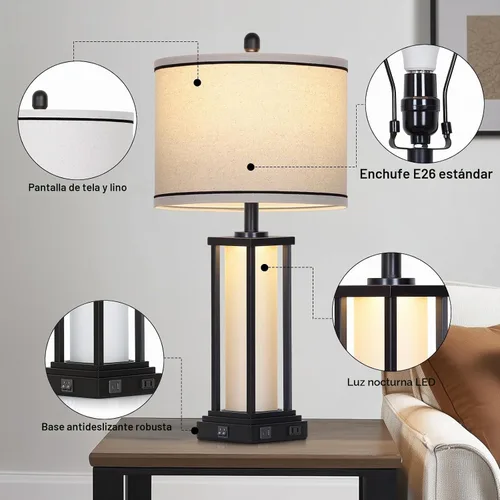 Vista 7 de 27inch Tall Bedside Table Lamps with Charging Ports for Living Room,Traditional Lamp with Night Light for Bedroom Nightstand,Single Black
