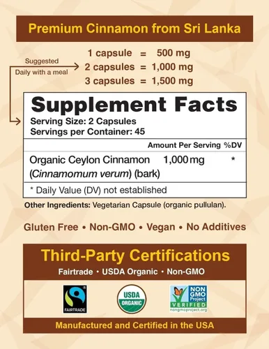 Vista 8 de Ceylon Cinnamon Shop Suplemento orgánico de canela de Ceilán (100% certificado), 90 cápsulas Premium Grade True Cinnamon, Sri Lankan Variety