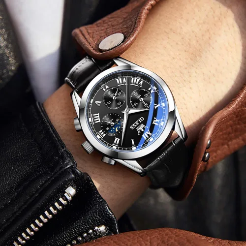 Vista 3 de OLEVS Watch for Men Chronograph Brown Leather Analog Quartz Fashion Business Dress Large Face Men Watch Day Date Luminous Waterproof Casual Male
