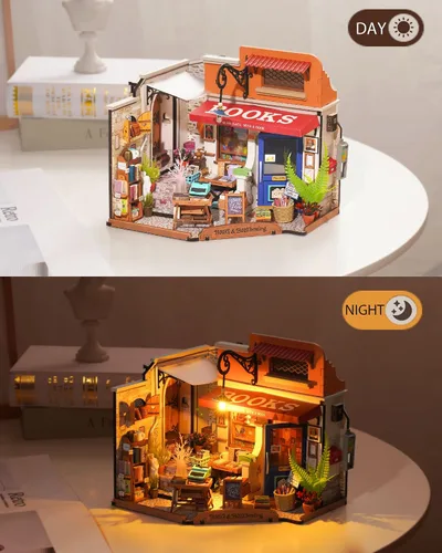 Vista 7 de Rolife Kit de casa en miniatura para bricolaje, librería a escala 1:20, kit de construcción de mini casa con luces LED, kits de manualidades