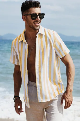 Vista 226 de JMIERR Camisas de vestir a rayas con botones y manga corta para hombre