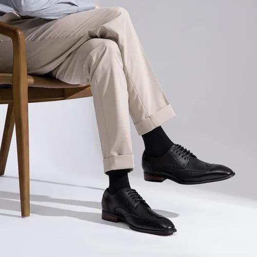 Vista 2 de Jousen Zapatos de vestir para hombre, zapatos de cuero formales Oxford Derby, zapatos de vestir retro Brogue Wingtip para hombres