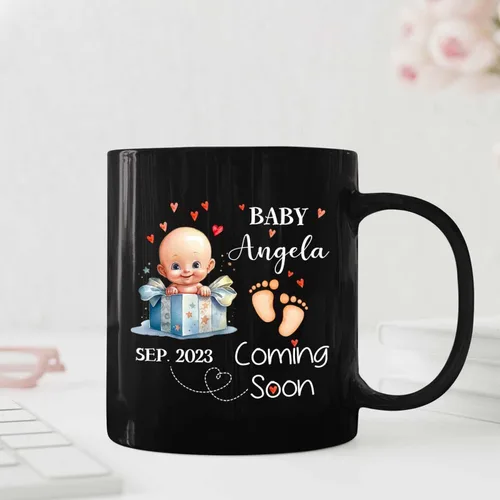 Vista 4 de Baby Coming Soon - Taza de café negra de 11 onzas y 15 onzas, taza de café personalizada para papá con nombre, taza de café de cerámica con anuncio