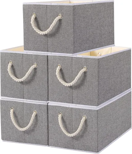 Vista 12 de Yawinhe Paquete de 3 cubos plegables de almacenamiento de tela, cubos plegables con asa de cuerda, organizadores grandes de armario para estantes