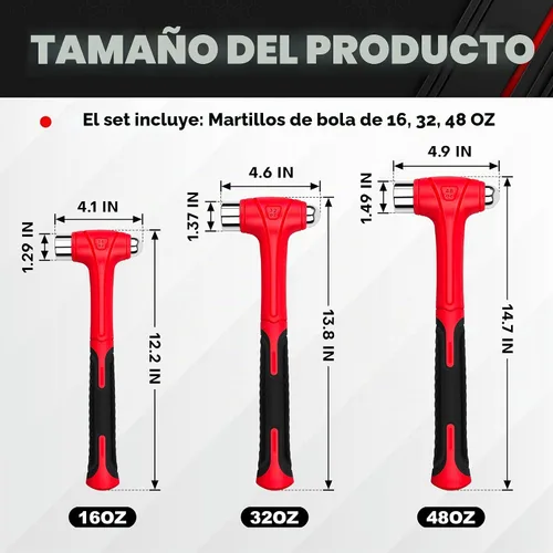 Vista 2 de C&T Martillo de Bola de 3 Piezas, 16oz 32oz 48oz, Martillo de Mango de Fibra de Vidrio para Bola, Martillo de Bola de Golpe con Mango y Construcción