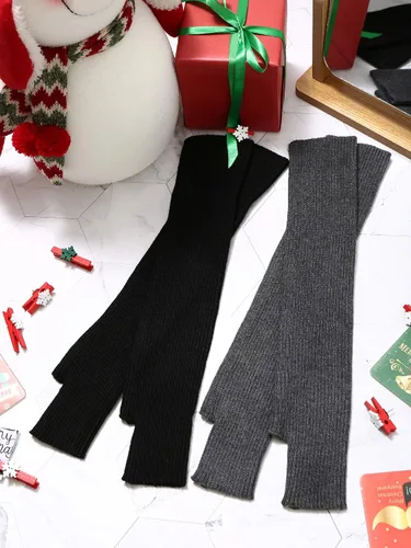Vista 7 de SATINIOR 2 pares de guantes largos sin dedos para mujer guantes de punto de invierno calentadores de brazos guantes con agujero para el pulgar