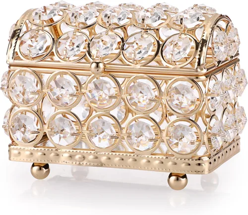 Vista 9 de Hipiwe Caja de joyería de cristal, caja dorada con espejo del tesoro, pequeña caja de recuerdos, vitrina decorativa para joyas, organizador